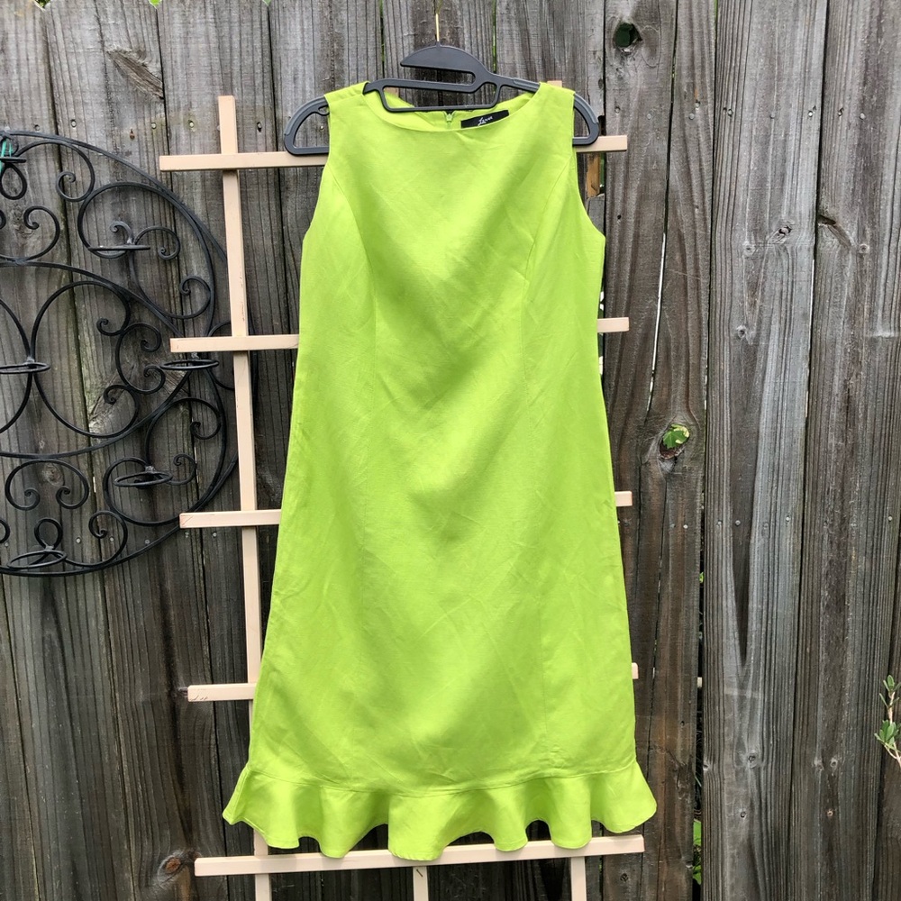 Green Linen Blend Dress Frill Hem 6